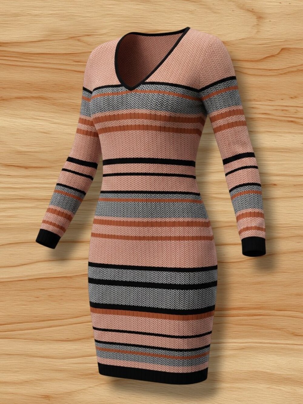 Lark & Ro Herringbone & Stripe V-Neck Knit Midi Sweater Dress L